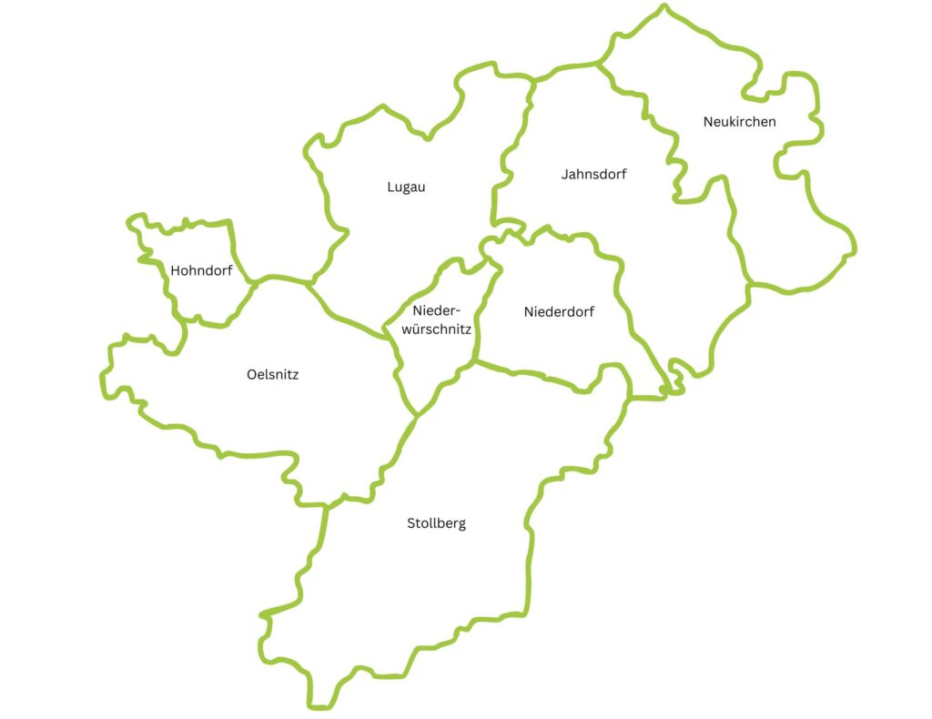 Gebietskulisse der Region Tor zum Erzgebirge, bestehend aus den acht Kommunen Hohndorf, Oelsnitz/Erzgeb., Stollberg, Niederwürschnitz, Niederdorf, Lugau, Jahnsdorf, Neukirchen